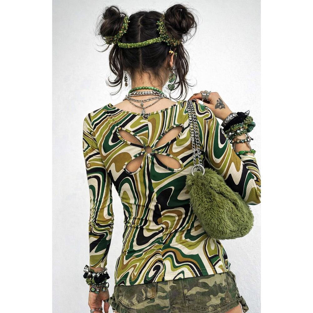 Vintage Y2K Earthbound Butterfly Rib Knit Top Shirt Forest Goblin Grunge Artsy - Picture 7 of 7